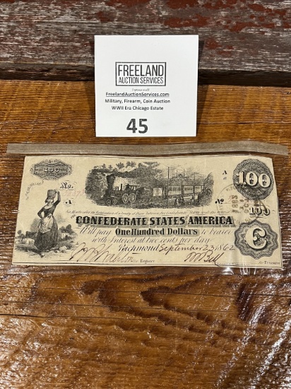 1862 Confederate States of America ONE HUNDRED DOLLARS $100 bill