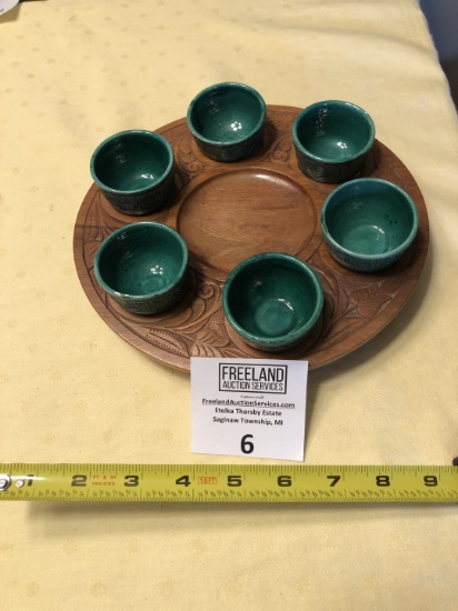 Mid-Century Condiment Platter with Green Ceramic Bowls
