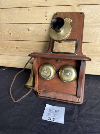 Fancy Western Electric Mahogany Fiddleback Wall Phone with fancy transmitter arm