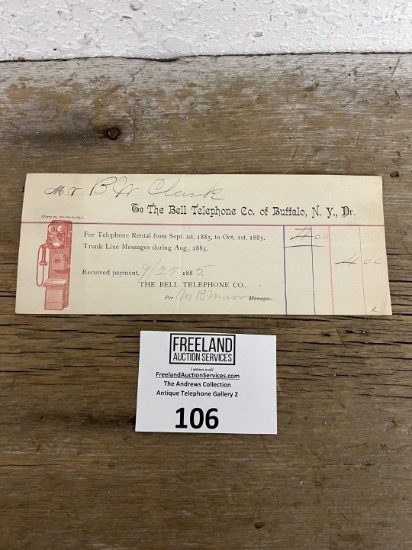 1885 The Bell Telephone Co. of Buffalo NY rental receipt