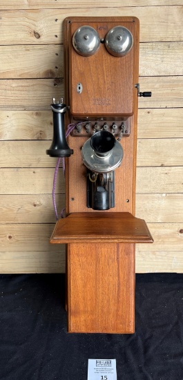 Western Electric 1891 walnut Two Box wall telephone with beveled edge 7 Digit transmitter