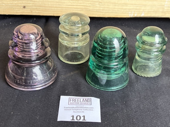 FOUR Antique telephone insulators PURPLE Whitehall and others