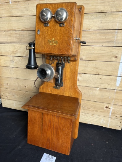 Sterling Telephone Co. OAK Two Box wall telephone with early scrolled arm