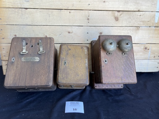 Three early Oak telephone top boxes and ringer boxes