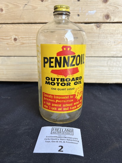 1950s/60s PENNZOIL Outboard Motor Oil One Quart Glass jar