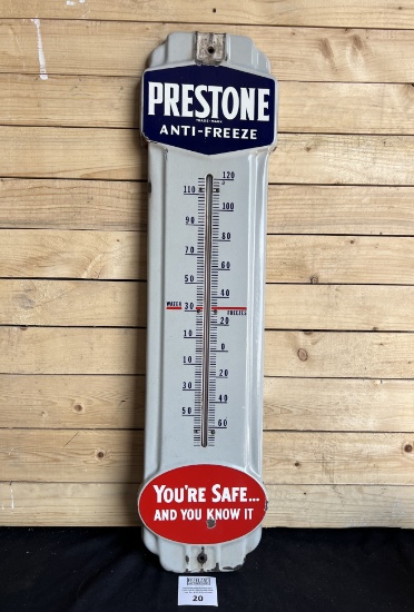 Prestone Anti-Freeze "You're Safe And You Know It" porcelain thermometer sign Gas & Oil