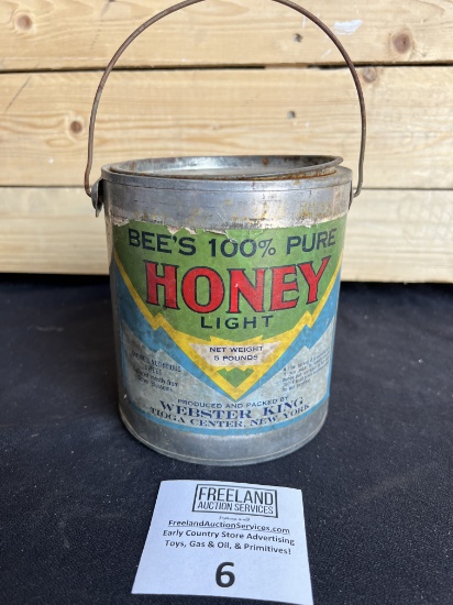 BEE's 100% PURE HONEY Light 5 pound Advertising Pail Webster King New York