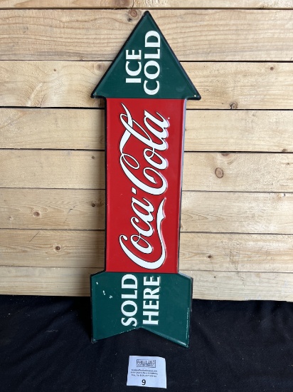 1990 Ice Cold COCA-COLA Sold Here Arrow tin sign
