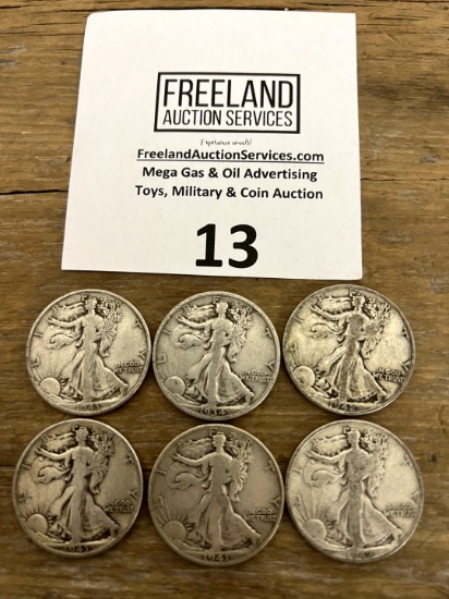 SIX Walking Liberty SILVER Half Dollar coins 1934, 1941, 1942 (2) & 1943 (2)