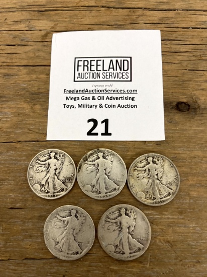 FIVE Walking Liberty Silver Half Dollars 1917, 1923, 1934, 1935, 1943