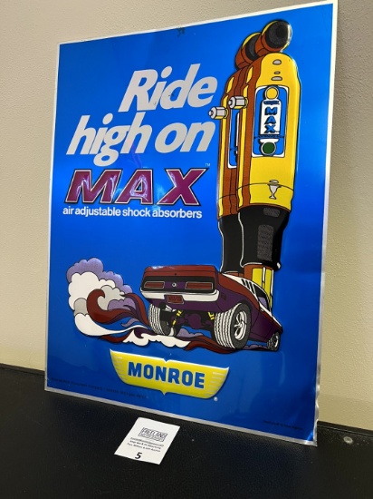 "Ride High On MAX Shock Absorbers" MONROE Shocks advertising STOUT Sign