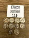 Group of 10 Washington Silver Quarters 1940s-60s