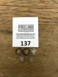 FIVE Barber Silver Dimes 1905, 1911, 1914 and 1916 (2)