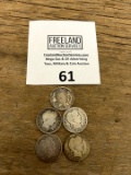 FIVE Barber SILVER Quarters 1898, 1900, 1908 (2) & 1916