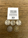 FIVE Walking Liberty SILVER Half Dollars