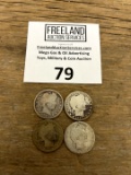 FOUR Barber Silver Half Dollars 1899, 1902, 1904, 1907