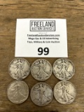 SIX Walking Liberty Silver Half Dollar coins including 1917