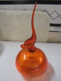 Orange Art Glass Candy Dish with Bird