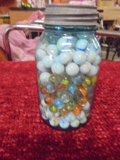 Blue Ball Jar w/ Zinc Lid Full of Marbles