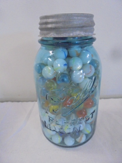 Blue Glass Quart Jar of Marbles