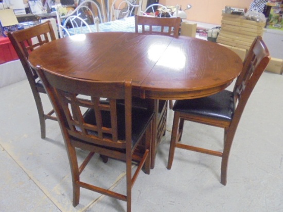 Solid Oak Holland House Pub Height Dining Table and Leaf and 4 Leather Padded Chairs