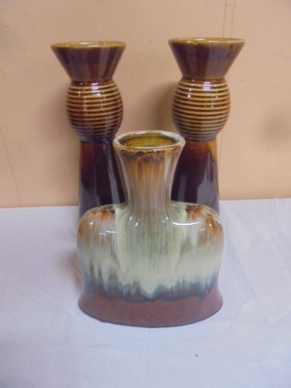 2 Candle Stands and Drip Pottery Vase