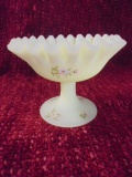 Fenton Hand Painted and Signed Opal Signed Art Glass Fluted Pedestal Bowl