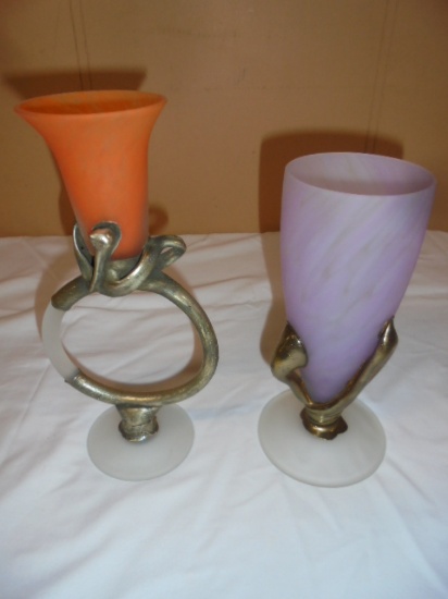 Pair of Art Glass and Metal Vases