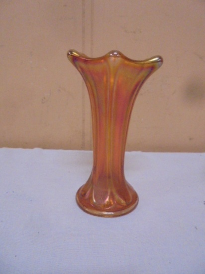 Vintage Marigold "Morning Glory" Short Squatty Carnival Glass Vase