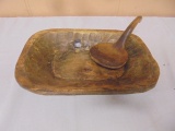 Wooden Dough Bowl and Vintage Wooden Spoon