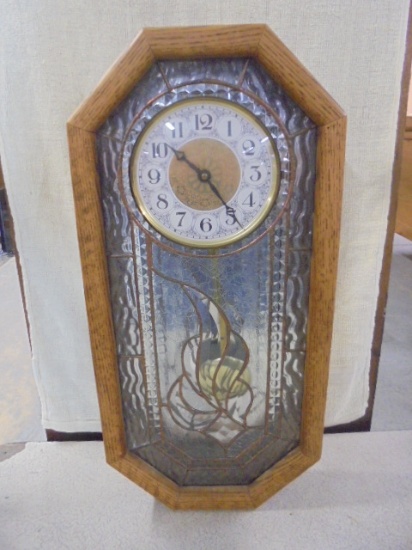 Beautiful Oak Case Leaded Glass Front Wall Clock