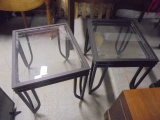 Matching Pair of Iron Glass Top End Tables