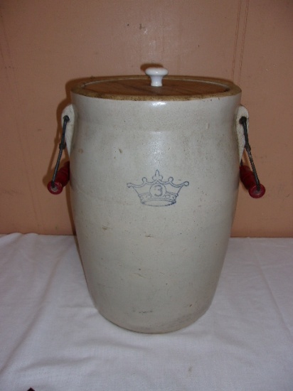 3gal Blue Crown Crock w/ Handles and Wooden Lid