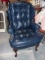 Blue Leather Tufted Fireside Arm Chair