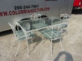 White Wrought Iron Glass Top Patio Table w/ 4 Matching Chairs