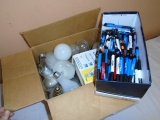 Box of Assorted Light Pulbs and Assorted Pens