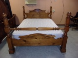 Solid Wood 4 Poster Queen Size Bed Complete w/ Like New Serta No Flip Mattress Set