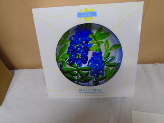 Blue Floral Glass Hanging Bird Bath