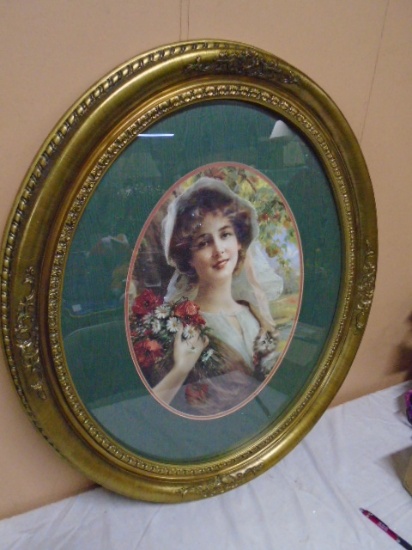 Beautiful Large Oval Framed Lady w/ Kitten Print