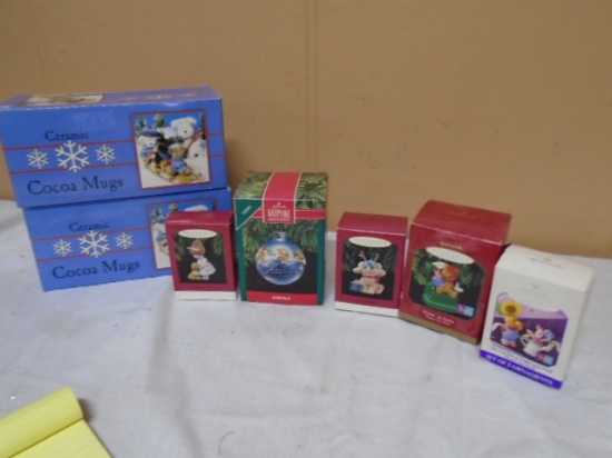 (5) Hallmark Keepsake Ornaments & 2 Sets of Cocoa Mugs (in boxes)