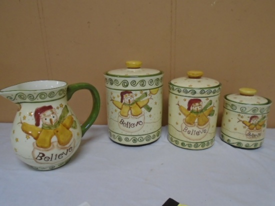 3 Pc. Snowman "Believe" Ceramic Canister Set w/Matching Pitcher