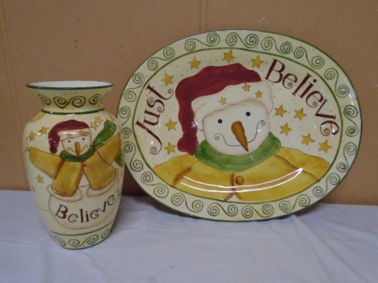 Large Snowman "Believe" Platter and Matching Vase