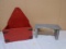 Red Wooden Hanging Box and Small Gray Wooden Bench