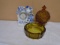 Porcelain Bird Clock-Amber Ash Tray-Amber Candy Dish