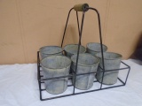 Iron Carrier w/Wood Handle and 6 Galvanized Metal Pots