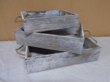 3 Pc. Set of Wooden Whitewashed Trays w/Rope Handles