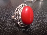 German Silver and Red Coral Ring