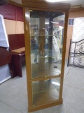 Oak Finish Double Light Corner Glass Front Curio Cabinet