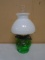 Green Glass Electric Hurricane Lamp w/ Hobnail Shade
