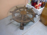 Wooden Ships Wheel Coffee Table w/ Tempered Glass Top